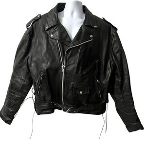 First Genuine Leather Mens Black Biker Motorcycle Jacket Lace Up Sides Size XXL